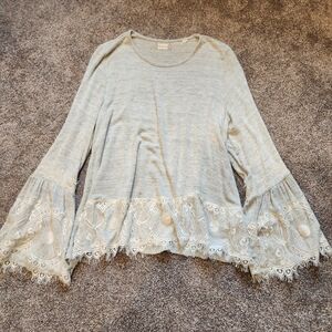 Altar'd State Light Gray Lace Bell Sleeve Blouse